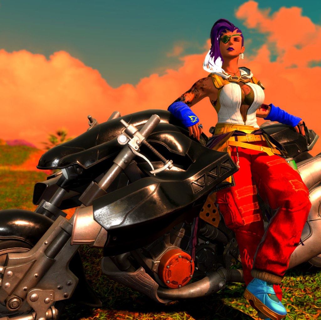 Rosetta leaning on her bike